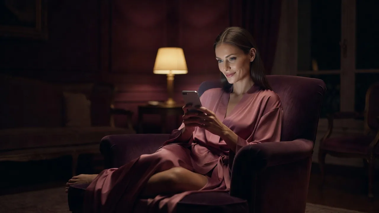 Femme en peignoir de soie consultant son téléphone dans un fauteuil, le soir