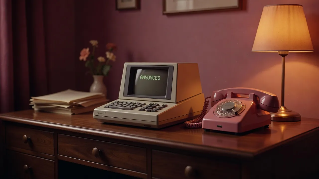 Terminal Minitel beige allumé sur un bureau en bois, ambiance années 1980