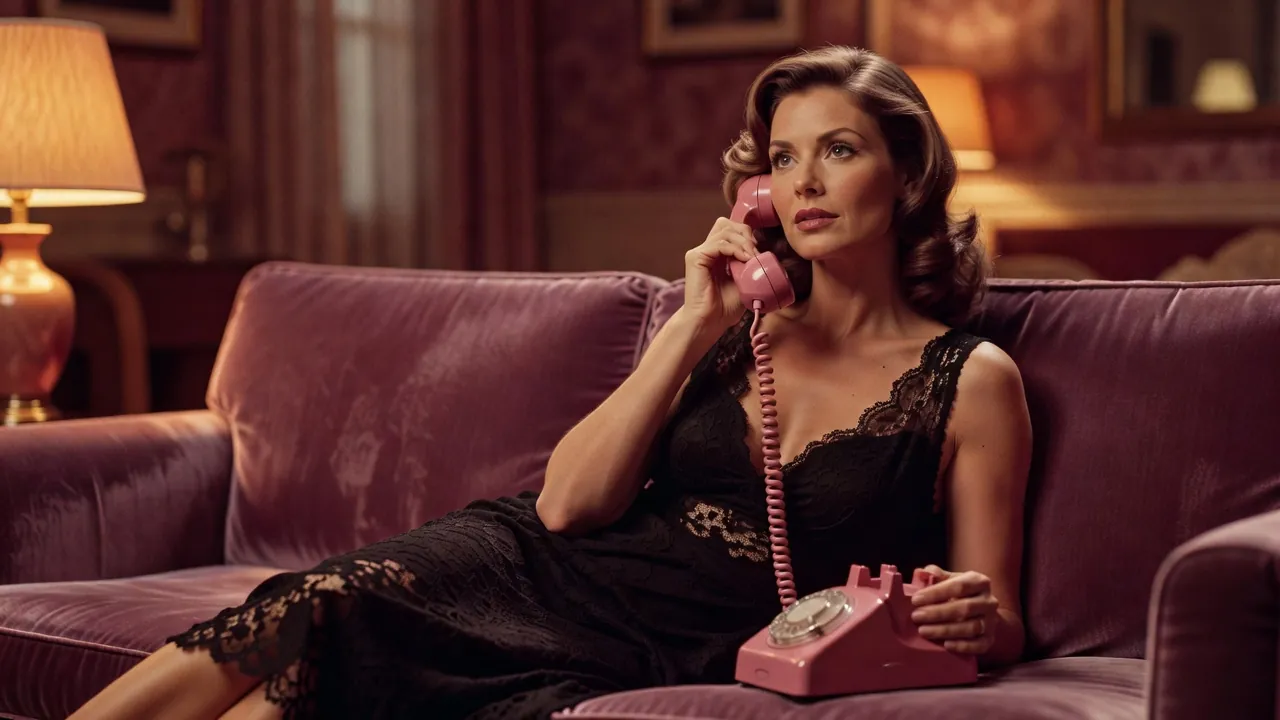 Femme en robe de dentelle au téléphone, combiné rose à cadran, ambiance des années 1980