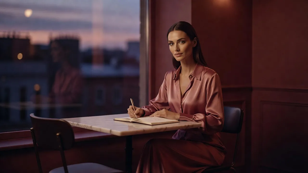 Femme en chemisier de soie écrivant dans un carnet à une table de café au crépuscule