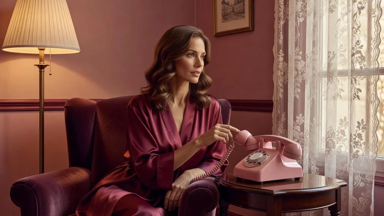 Femme en peignoir de soie posant le combiné d'un téléphone rétro sur sa base, lumière chaude d'une lampe